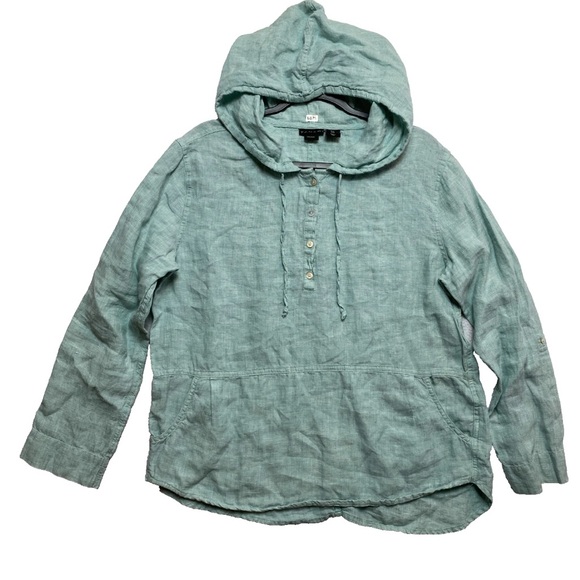 Tahari Popover Hoodie Womens M Green Roll Tab Sleeve Lightweight Pullover Button - Picture 1 of 11